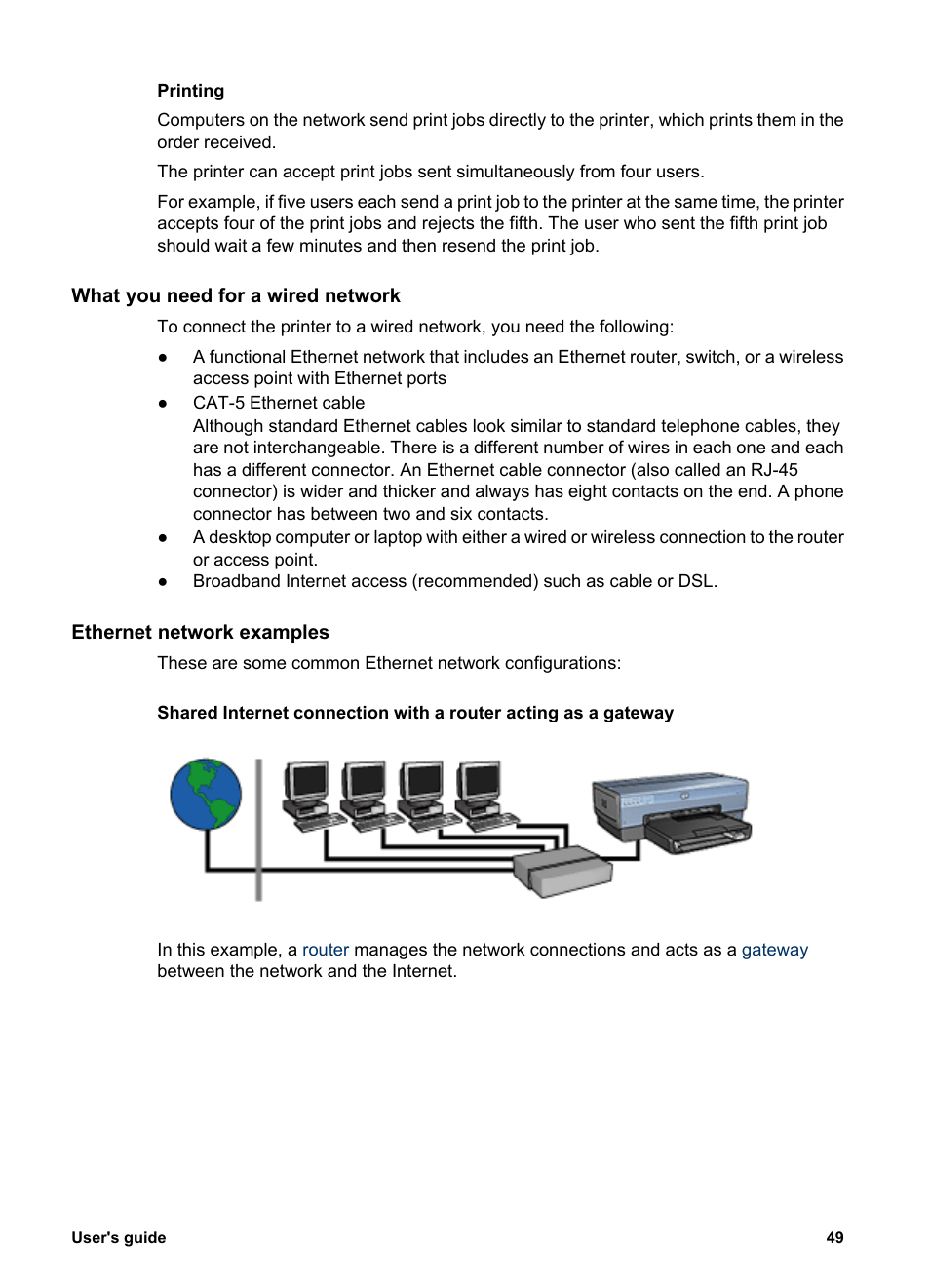 What you need for a wired network, Ethernet network examples | HP Deskjet 6988dt Printer User Manual | Page 51 / 182