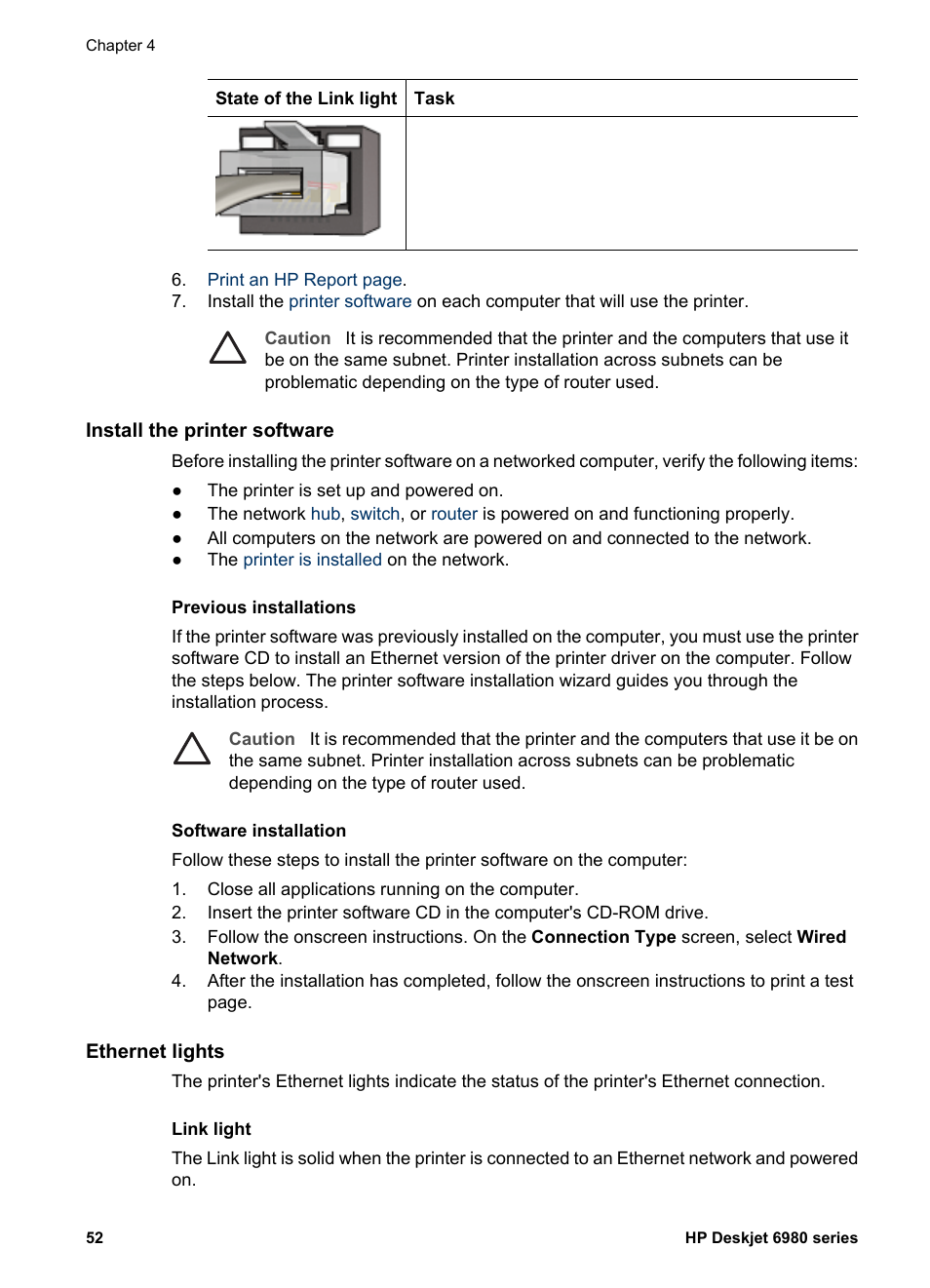 Install the printer software, Ethernet lights | HP Deskjet 6988dt Printer User Manual | Page 54 / 182