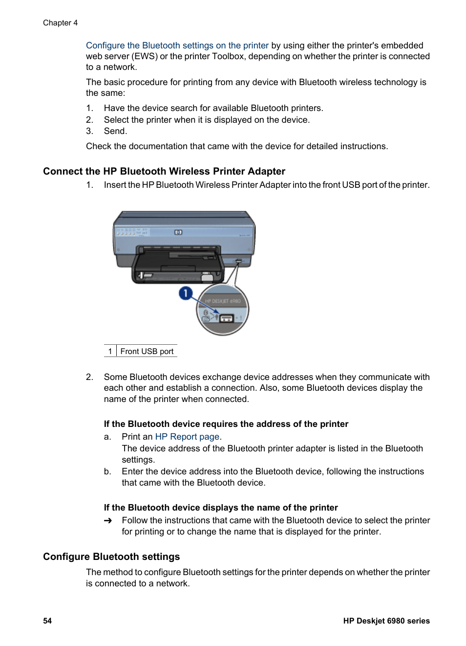 Connect the hp bluetooth wireless printer adapter, Configure bluetooth settings, Bluetooth settings | HP Deskjet 6988dt Printer User Manual | Page 56 / 182