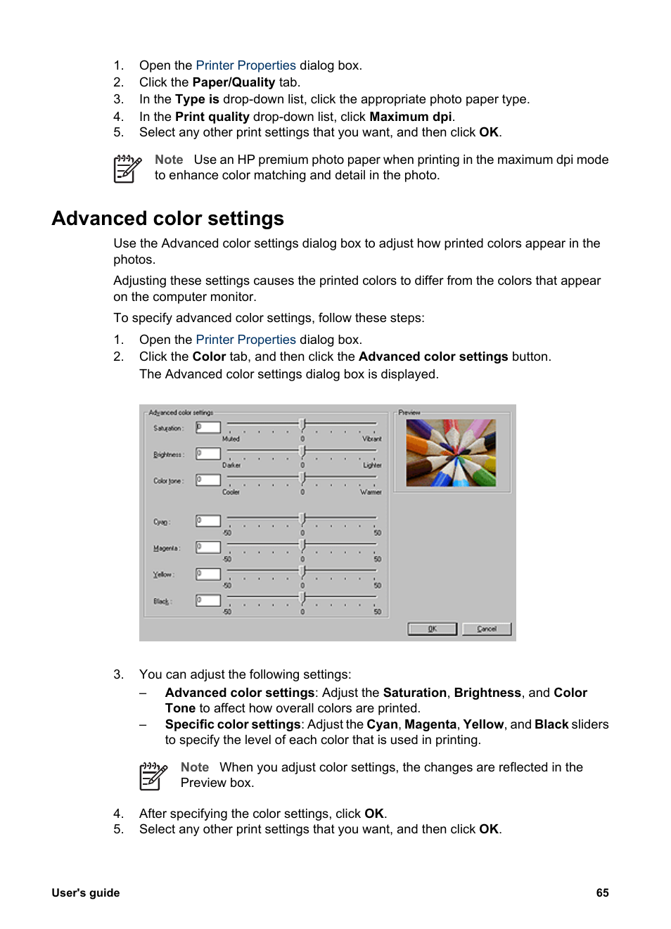 Advanced color settings | HP Deskjet 6988dt Printer User Manual | Page 67 / 182