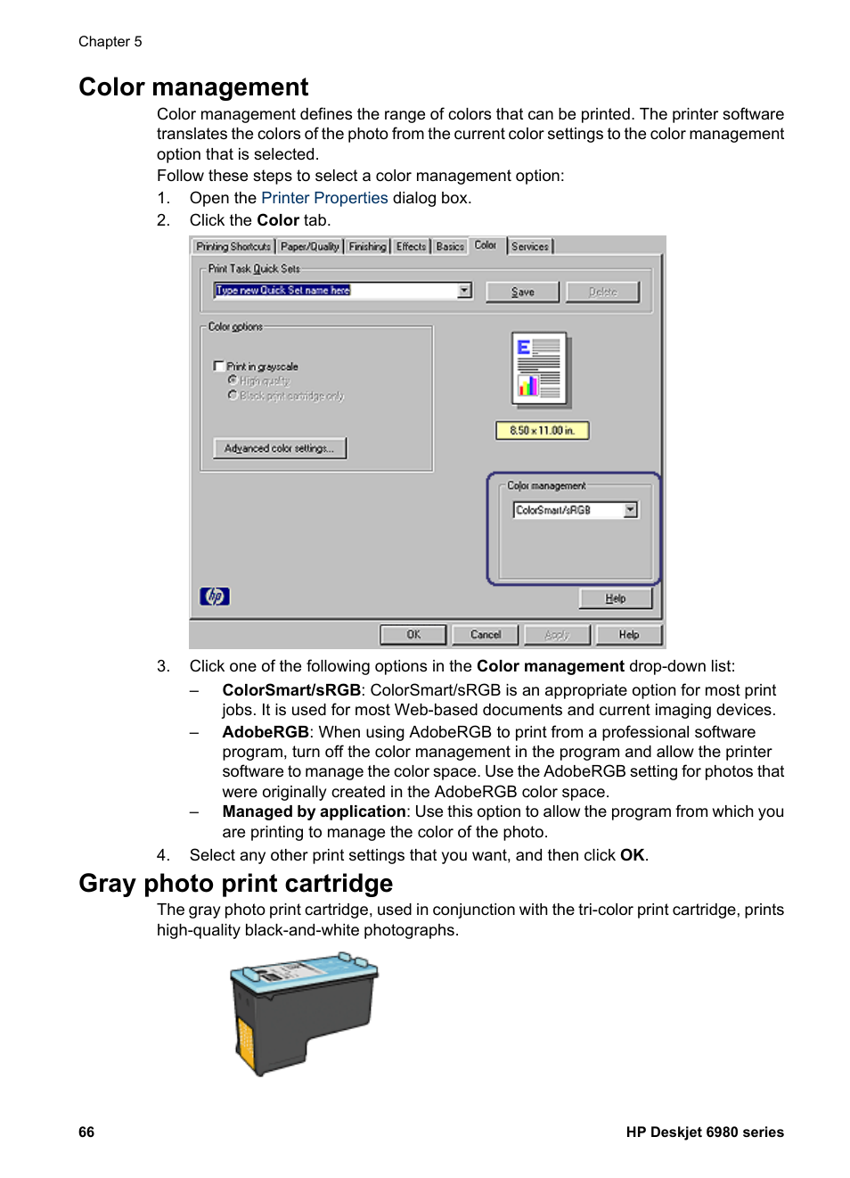 Color management, Gray photo print cartridge, Color management gray photo print cartridge | HP Deskjet 6988dt Printer User Manual | Page 68 / 182
