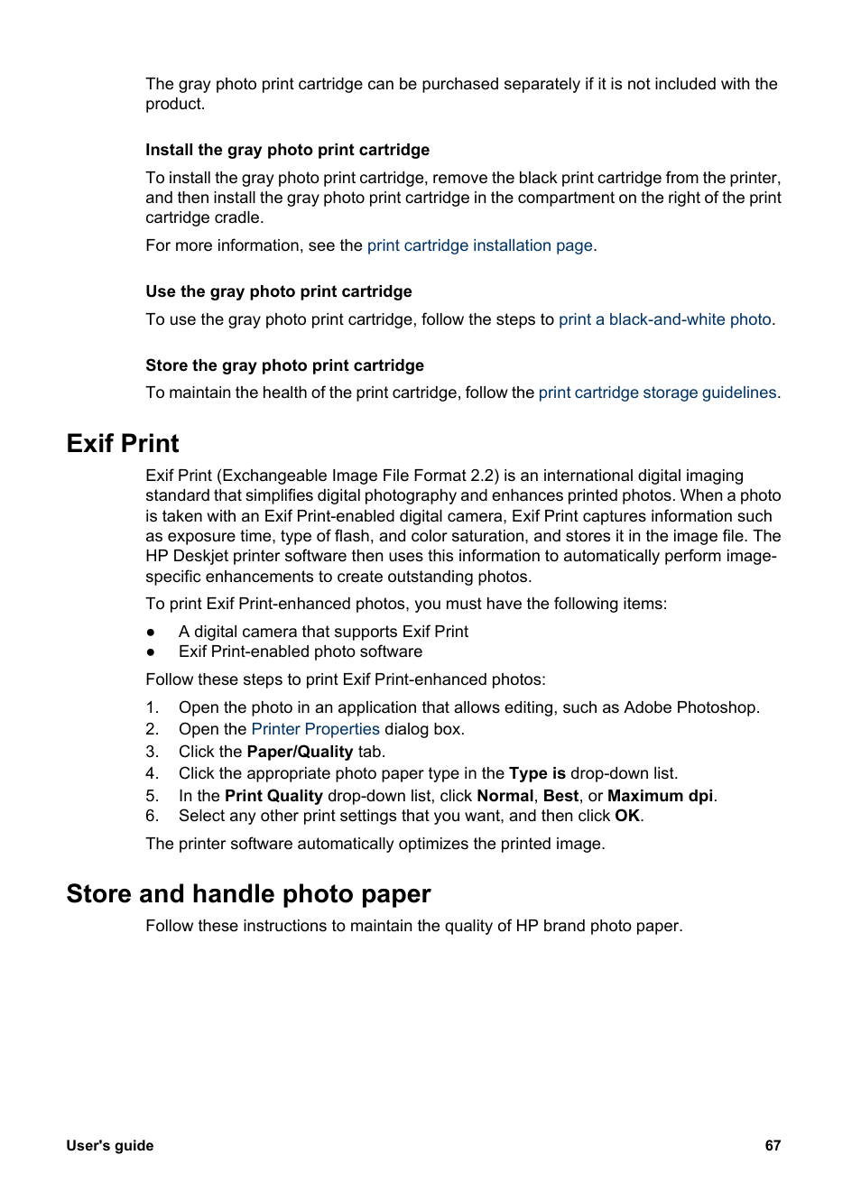 Exif print, Store and handle photo paper, Exif print store and handle photo paper | Exif print-formatted, Photo paper storage and handling, Guidelines, Photo paper storage instructions | HP Deskjet 6988dt Printer User Manual | Page 69 / 182