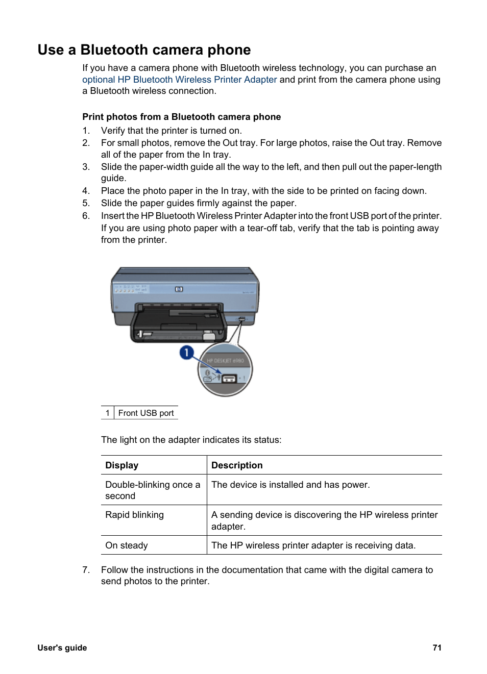 Use a bluetooth camera phone, Hp bluetooth wireless printer adapter | HP Deskjet 6988dt Printer User Manual | Page 73 / 182