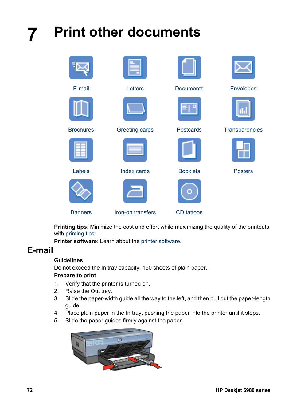 Print other documents, E-mail, Print other documents e-mail | HP Deskjet 6988dt Printer User Manual | Page 74 / 182