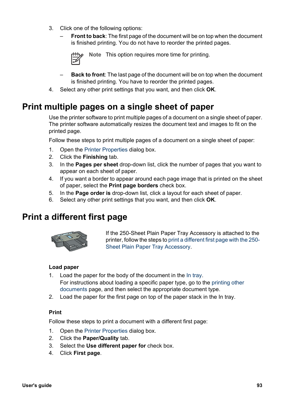 Print, Different paper type, Print multiple pages on a single sheet of paper | Print a different first page | HP Deskjet 6988dt Printer User Manual | Page 95 / 182