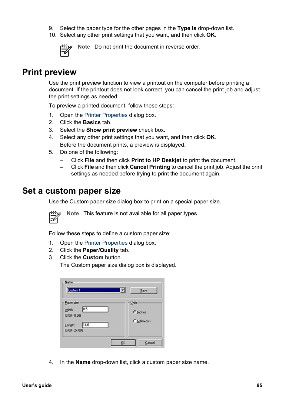 Print preview, Set a custom paper size, Print preview set a custom paper size | Preview, Custom paper size | HP Deskjet 6988dt Printer User Manual | Page 97 / 182