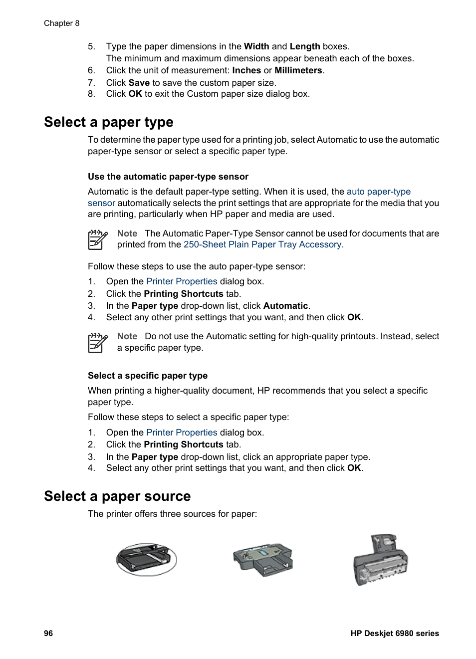 Select a paper type, Select a paper source, Select a paper type select a paper source | Paper source, Paper type | HP Deskjet 6988dt Printer User Manual | Page 98 / 182