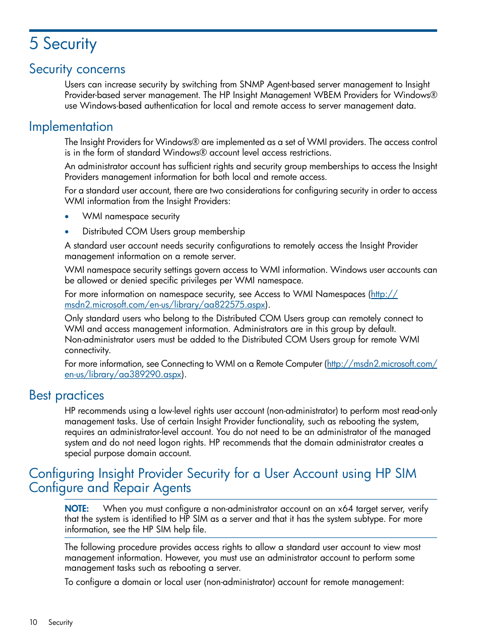 5 security, Security concerns, Implementation | Best practices | HP Insight Management WBEM Providers User Manual | Page 10 / 29