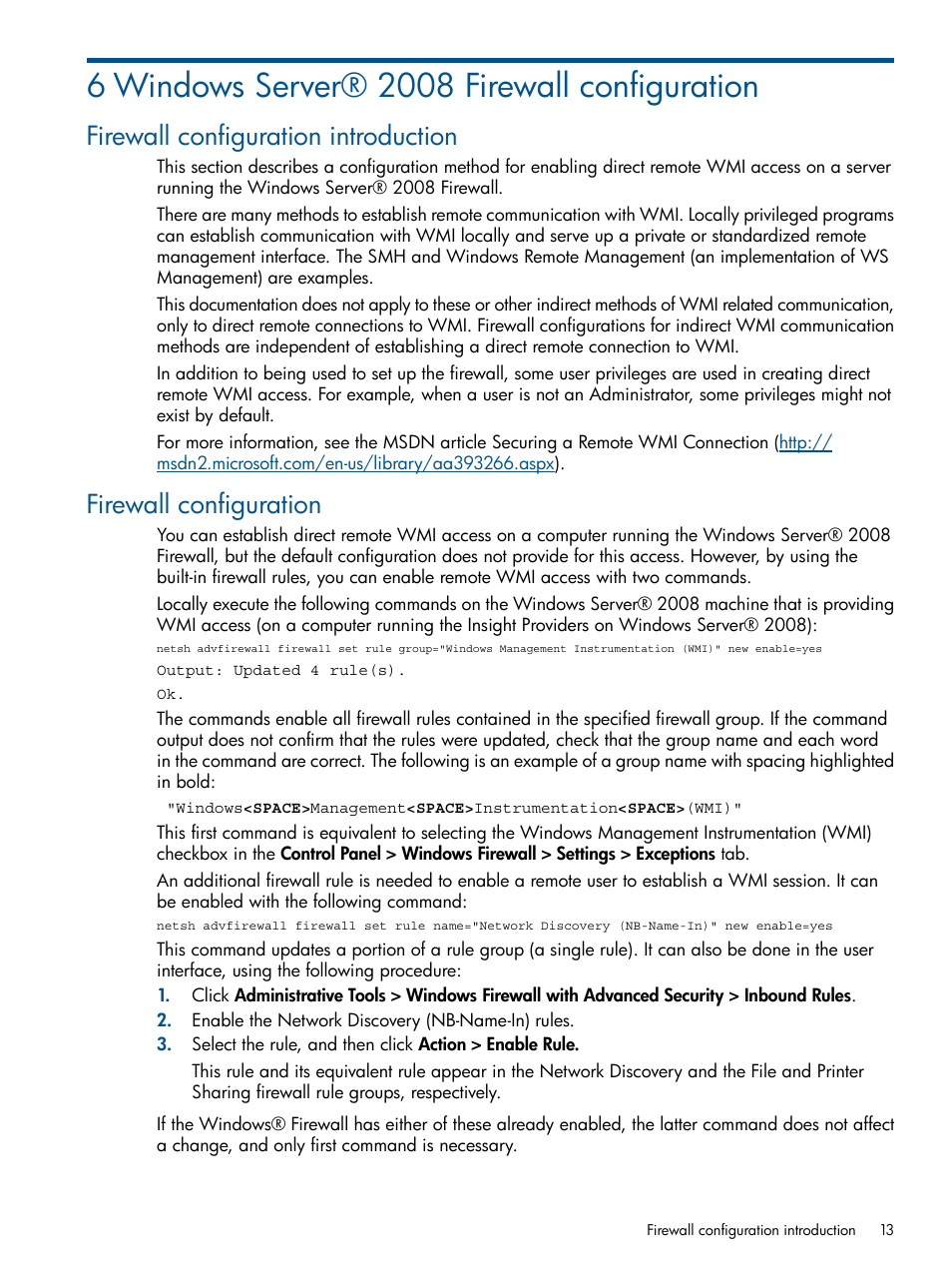 6 windows server® 2008 firewall configuration, Firewall configuration introduction, Firewall configuration | HP Insight Management WBEM Providers User Manual | Page 13 / 29