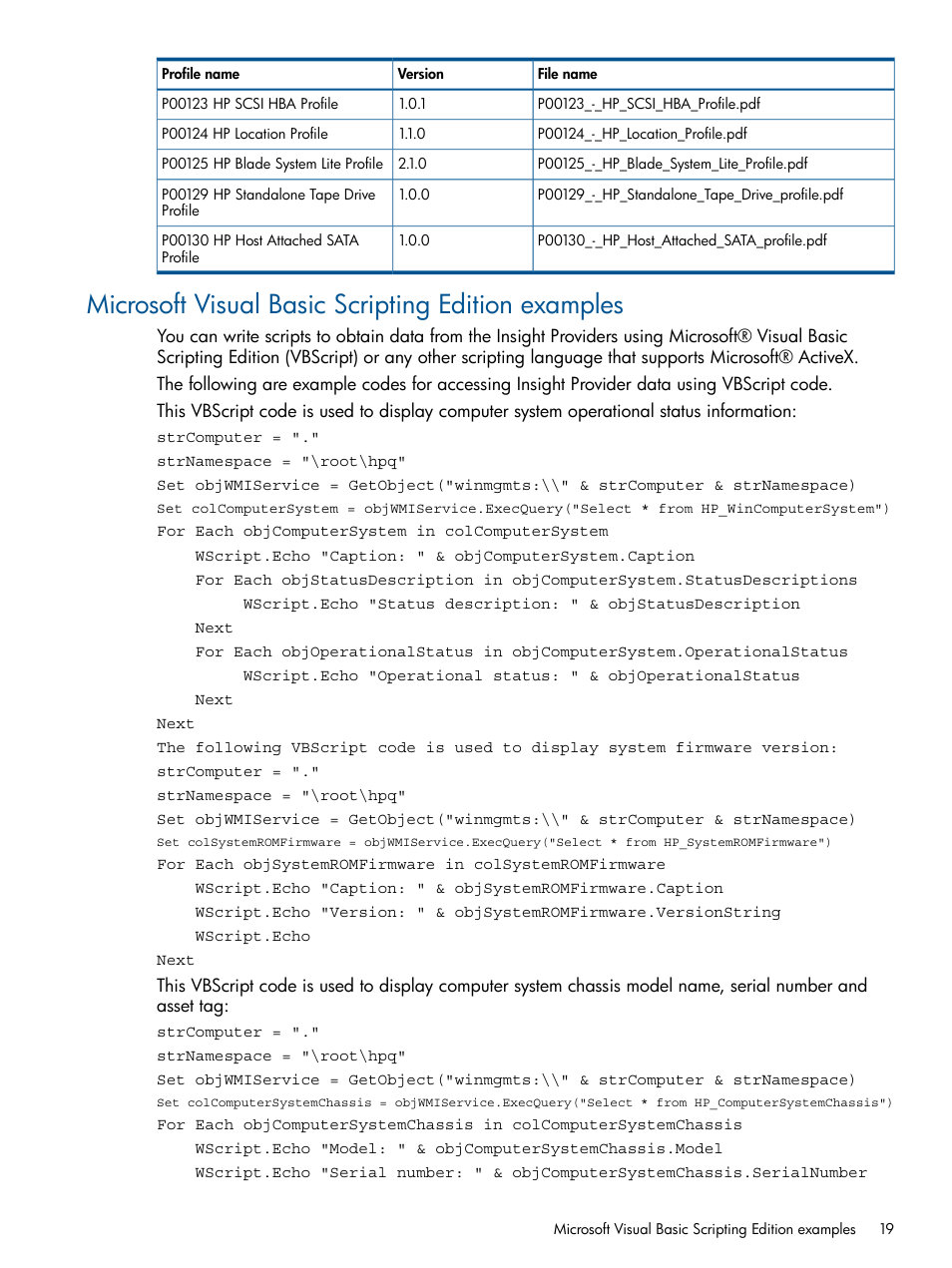 Microsoft visual basic scripting edition examples | HP Insight Management WBEM Providers User Manual | Page 19 / 29