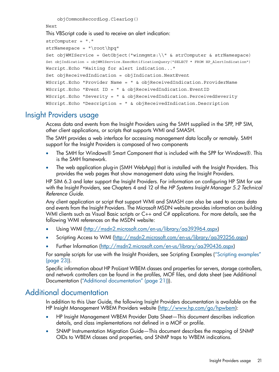 Insight providers usage, Additional documentation, Insight providers usage additional documentation | HP Insight Management WBEM Providers User Manual | Page 21 / 29