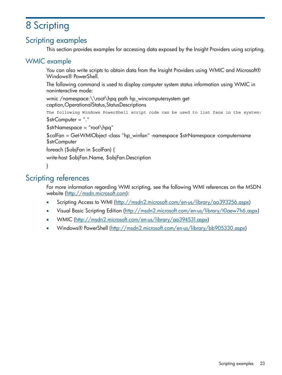 8 scripting, Scripting examples, Wmic example | Scripting references | HP Insight Management WBEM Providers User Manual | Page 23 / 29