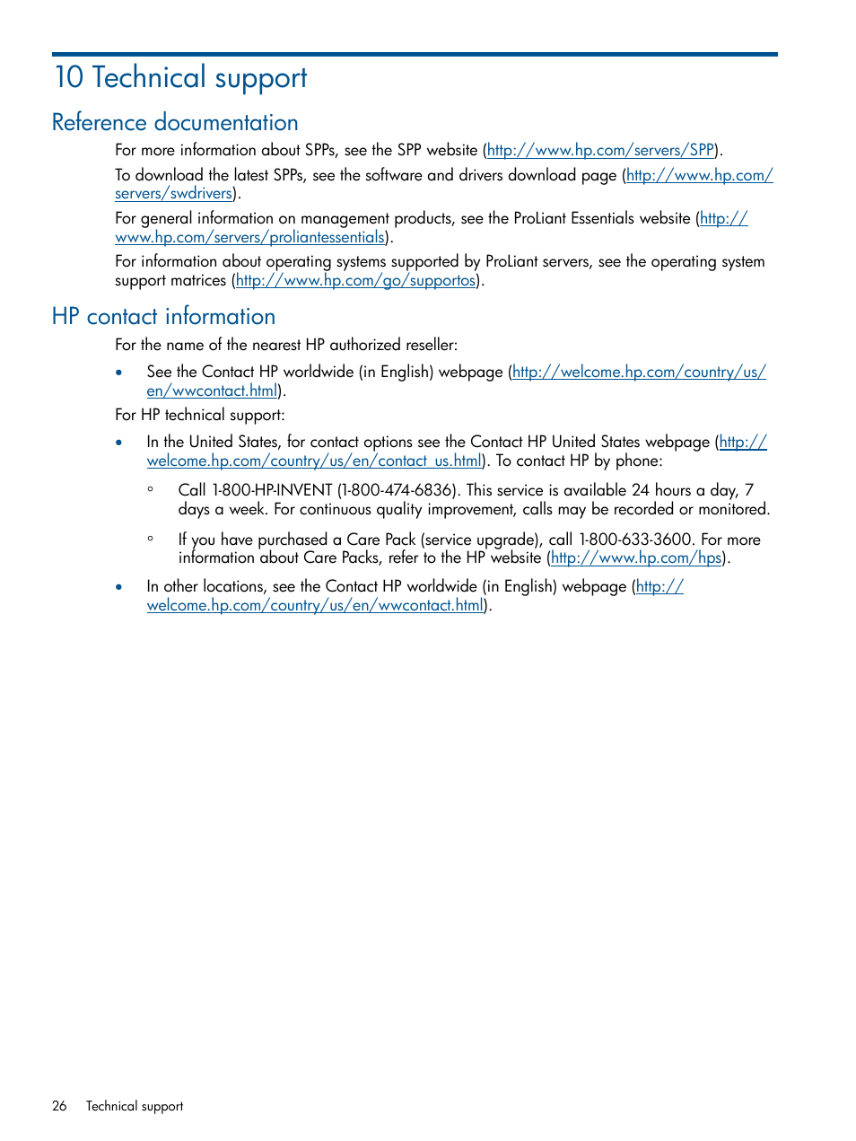 10 technical support, Reference documentation, Hp contact information | Reference documentation hp contact information | HP Insight Management WBEM Providers User Manual | Page 26 / 29