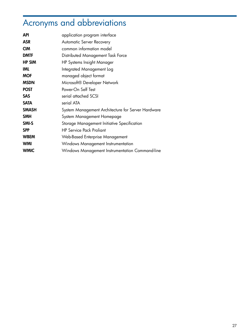 Acronyms and abbreviations | HP Insight Management WBEM Providers User Manual | Page 27 / 29