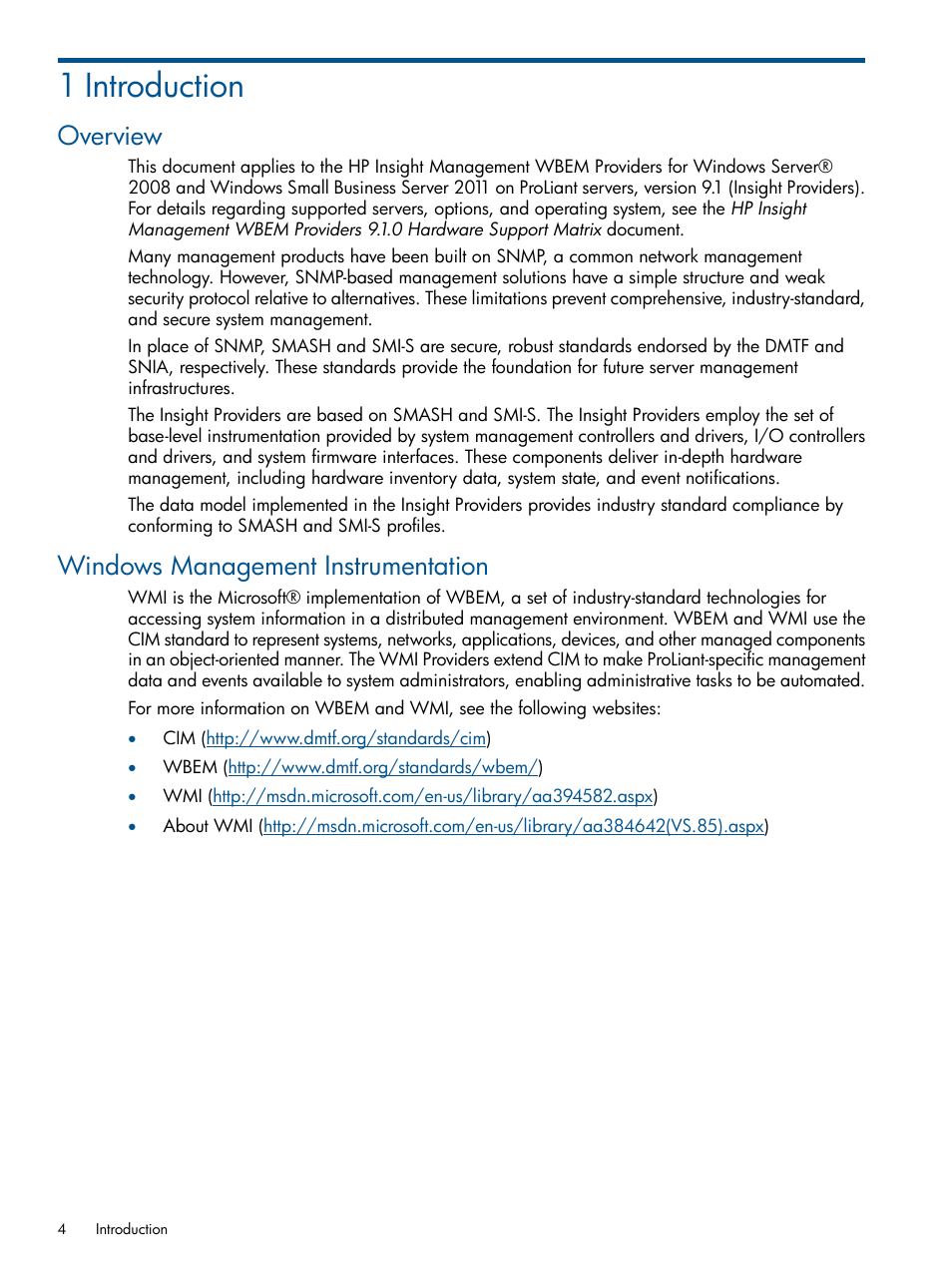 1 introduction, Overview, Windows management instrumentation | Overview windows management instrumentation | HP Insight Management WBEM Providers User Manual | Page 4 / 29