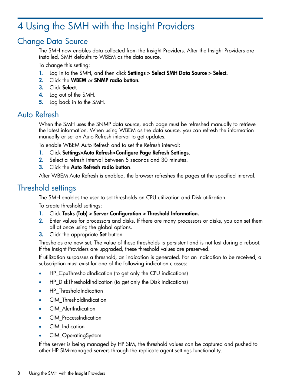 4 using the smh with the insight providers, Change data source, Auto refresh | Threshold settings, Change data source auto refresh threshold settings | HP Insight Management WBEM Providers User Manual | Page 8 / 29