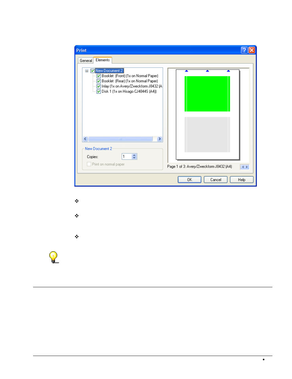 Tab 'elements, Printing preview, 4 printing preview | HP CD52 External CD-Writer Series User Manual | Page 34 / 109