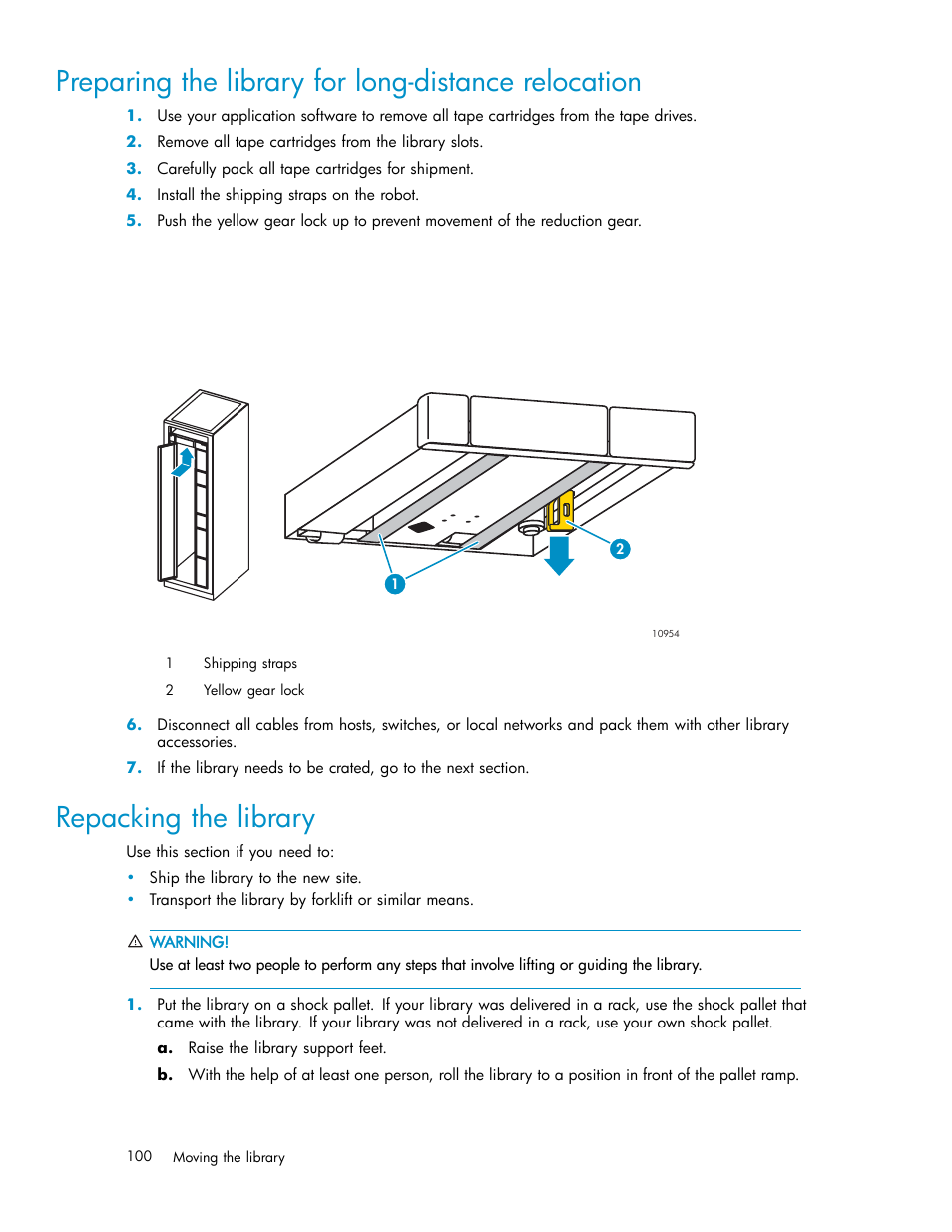 Preparing the library for long-distance relocation, Repacking the library | HP EML E-series Tape Libraries User Manual | Page 100 / 136
