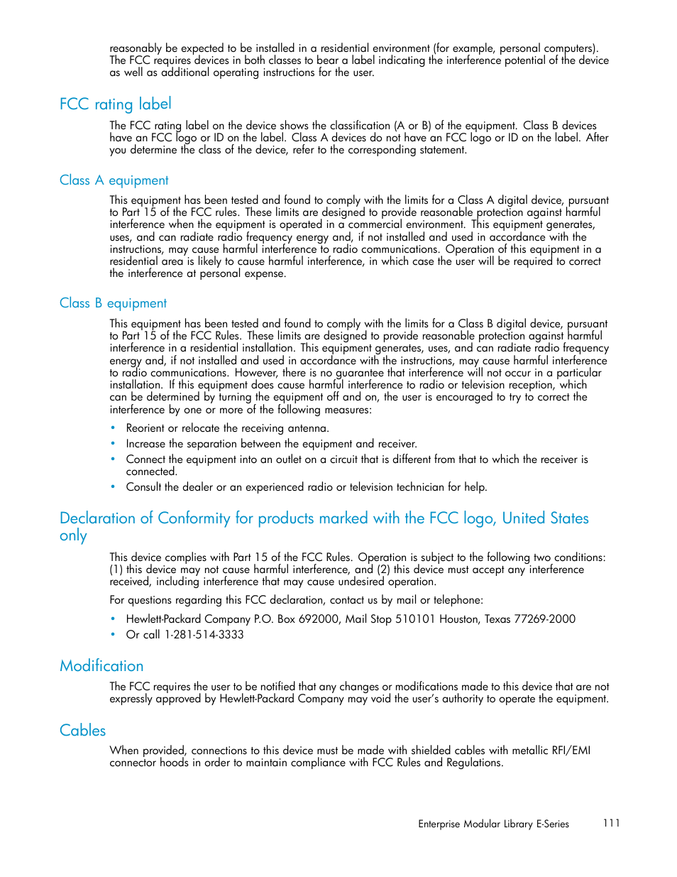 Fcc rating label, Class a equipment, Class b equipment | Modification, Cables | HP EML E-series Tape Libraries User Manual | Page 111 / 136