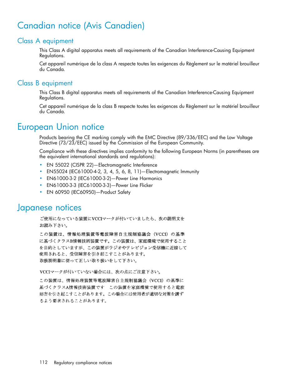 Canadian notice (avis canadien), European union notice, Japanese notices | Class a equipment, Class b equipment | HP EML E-series Tape Libraries User Manual | Page 112 / 136