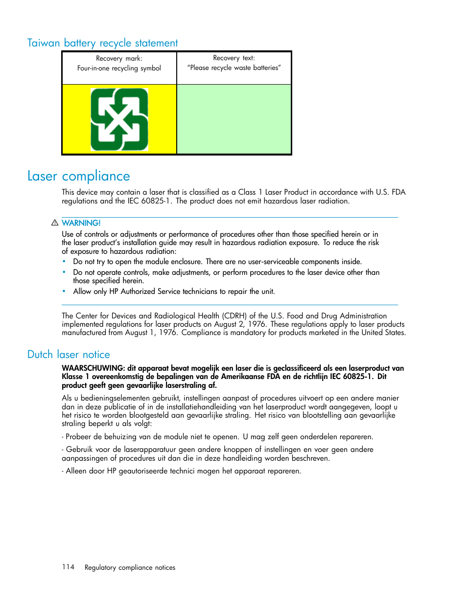 Laser compliance, Taiwan battery recycle statement, Dutch laser notice | HP EML E-series Tape Libraries User Manual | Page 114 / 136