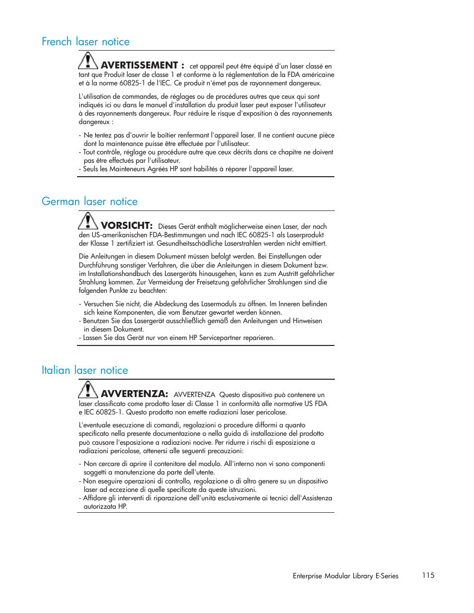 French laser notice, German laser notice, Italian laser notice | HP EML E-series Tape Libraries User Manual | Page 115 / 136