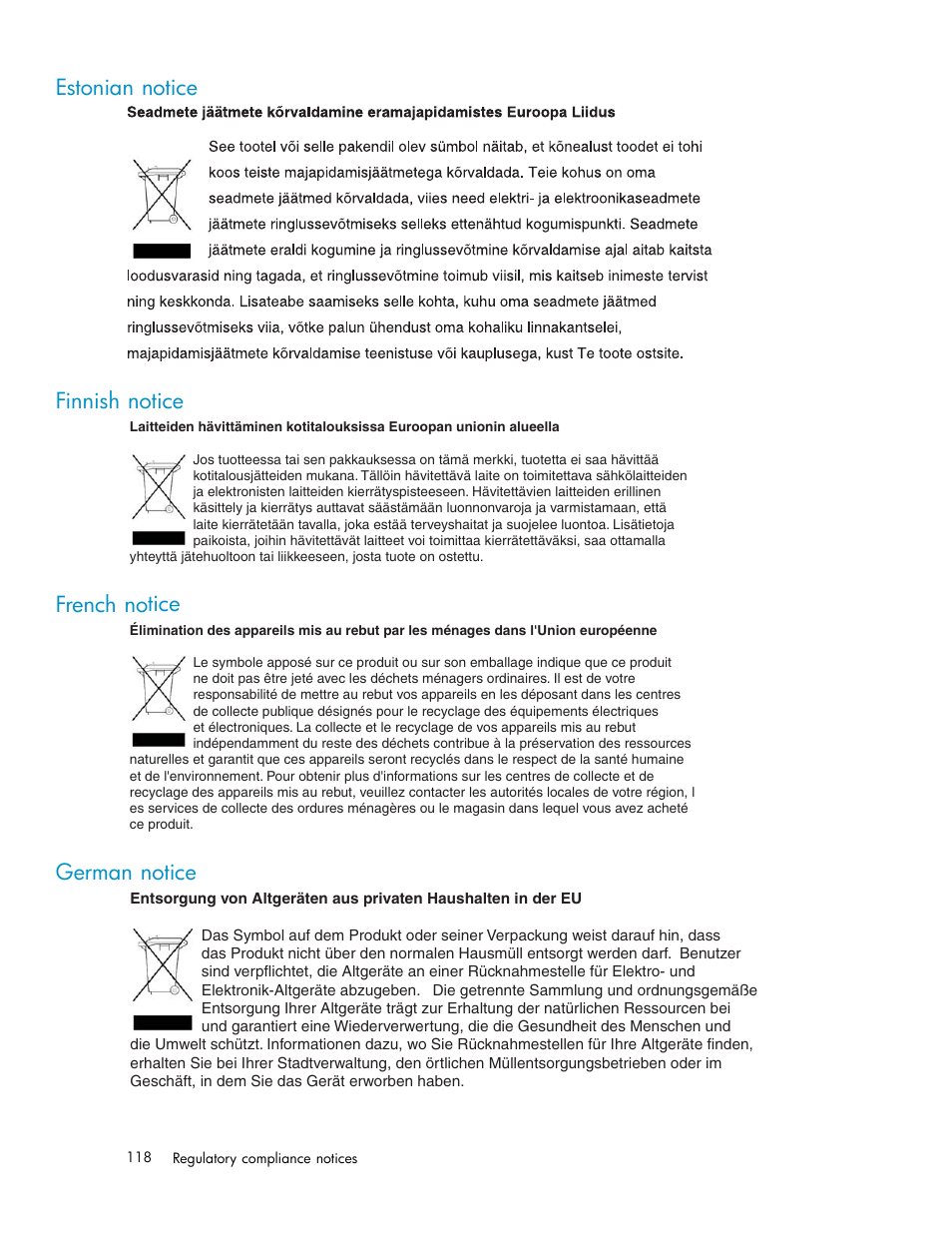 Estonian notice, Finnish notice, French notice | German notice, Estonian notice finnish notice | HP EML E-series Tape Libraries User Manual | Page 118 / 136