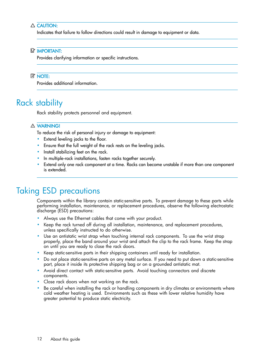 Rack stability, Taking esd precautions | HP EML E-series Tape Libraries User Manual | Page 12 / 136