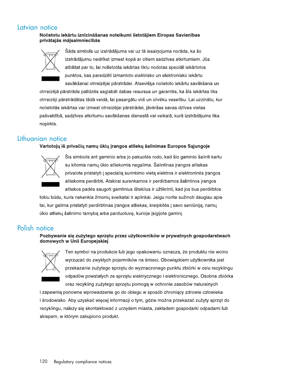 Latvian notice, Lithuanian notice, Polish notice | HP EML E-series Tape Libraries User Manual | Page 120 / 136