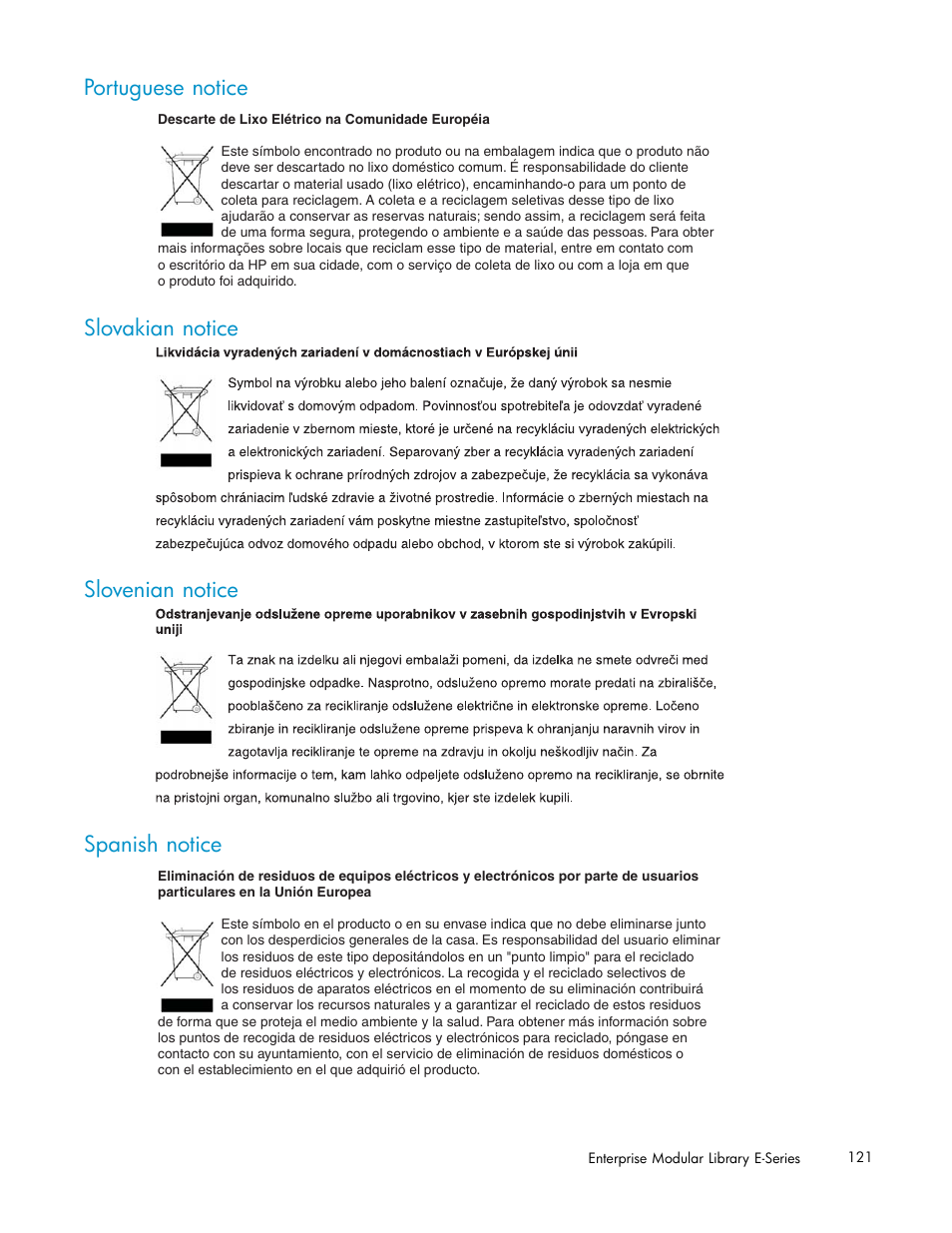 Portuguese notice, Slovakian notice, Slovenian notice | Spanish notice, Slovakian notice slovenian notice spanish notice | HP EML E-series Tape Libraries User Manual | Page 121 / 136