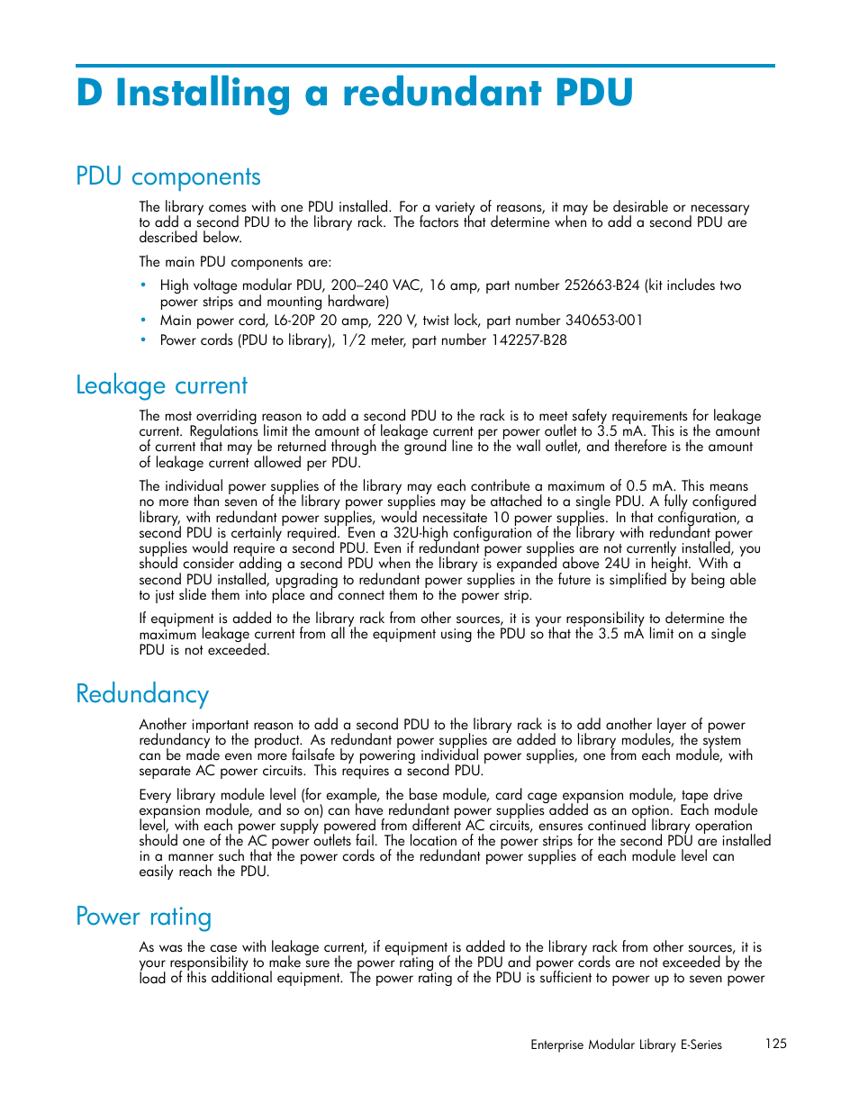D installing a redundant pdu, Pdu components, Leakage current | Redundancy, Power rating | HP EML E-series Tape Libraries User Manual | Page 125 / 136