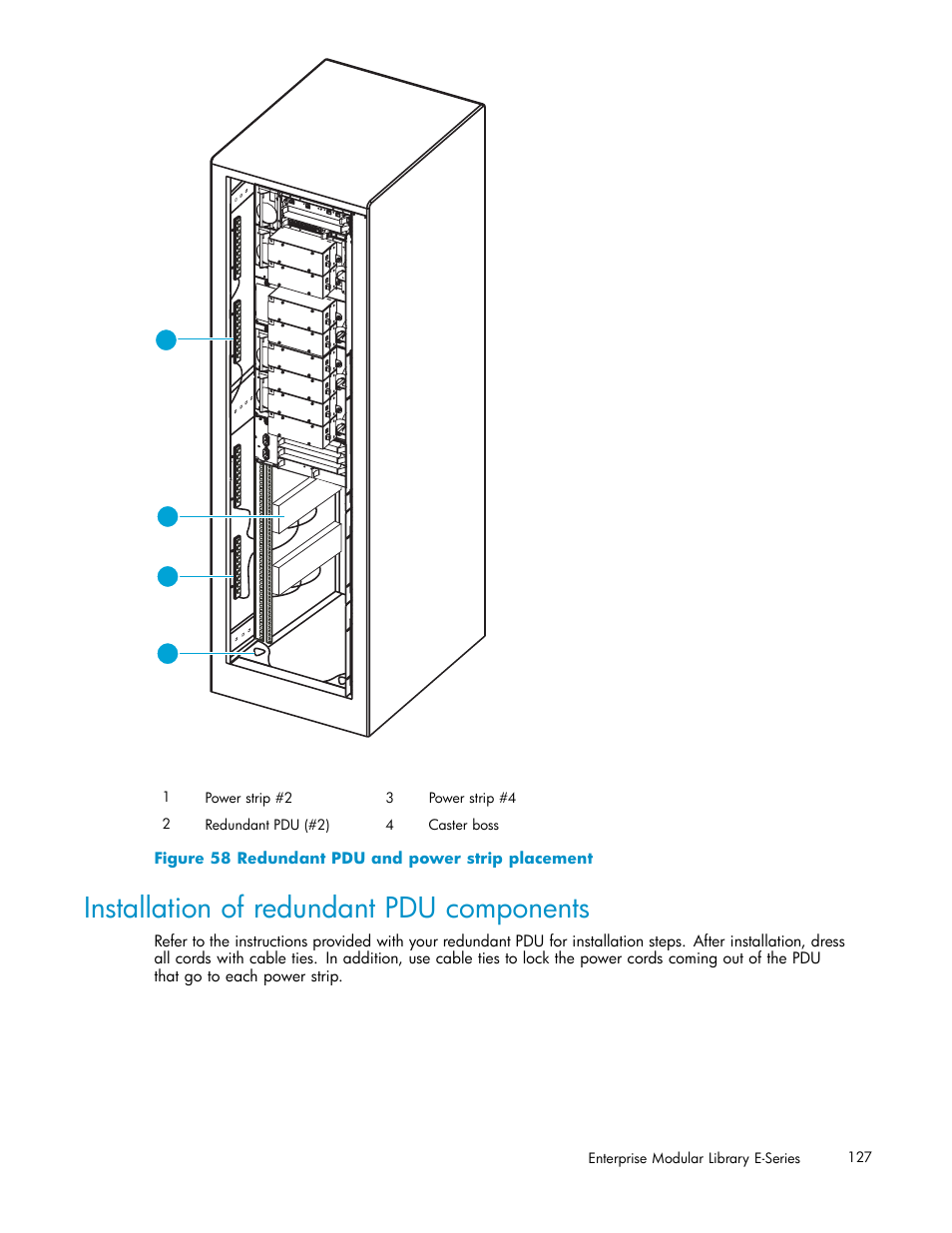 Installation of redundant pdu components, 58 redundant pdu and power strip placement | HP EML E-series Tape Libraries User Manual | Page 127 / 136