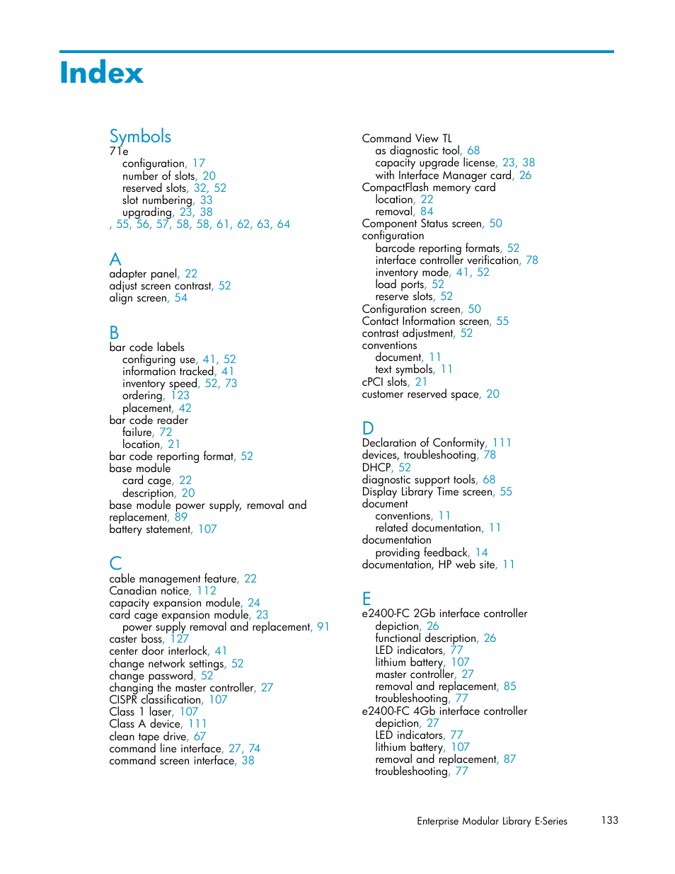 Index, Symbols | HP EML E-series Tape Libraries User Manual | Page 133 / 136