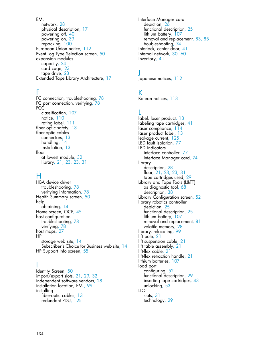 HP EML E-series Tape Libraries User Manual | Page 134 / 136