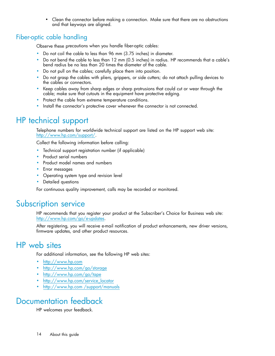 Fiber-optic cable handling, Hp technical support, Subscription service | Hp web sites, Documentation feedback | HP EML E-series Tape Libraries User Manual | Page 14 / 136