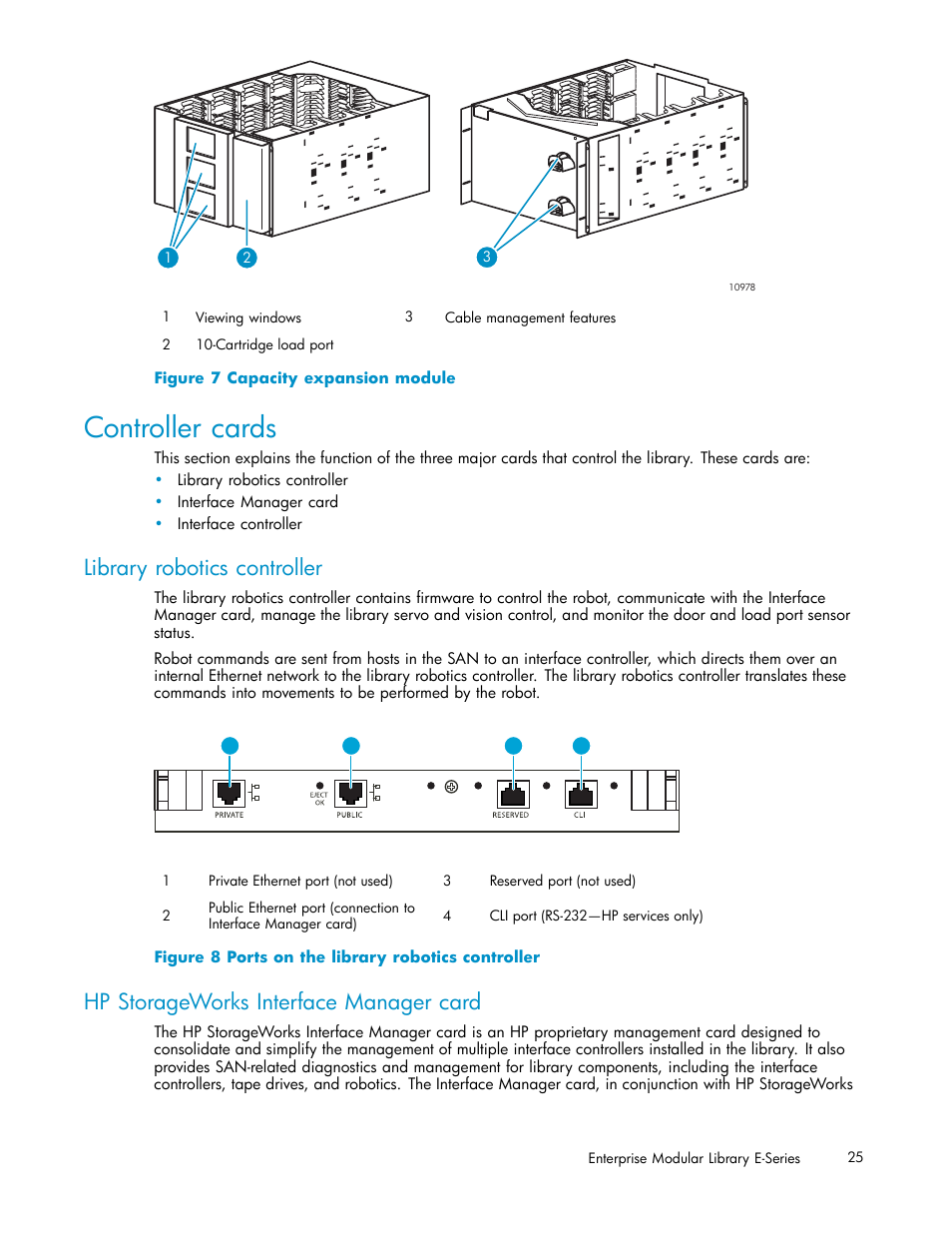 Controller cards, Library robotics controller, Hp storageworks interface manager card | 7 capacity expansion module, 8 ports on the library robotics controller, Figure 8 | HP EML E-series Tape Libraries User Manual | Page 25 / 136