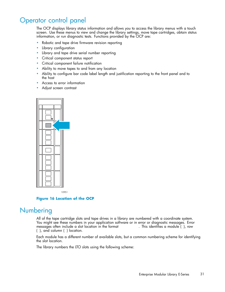 Operator control panel, Numbering, 16 location of the ocp | HP EML E-series Tape Libraries User Manual | Page 31 / 136