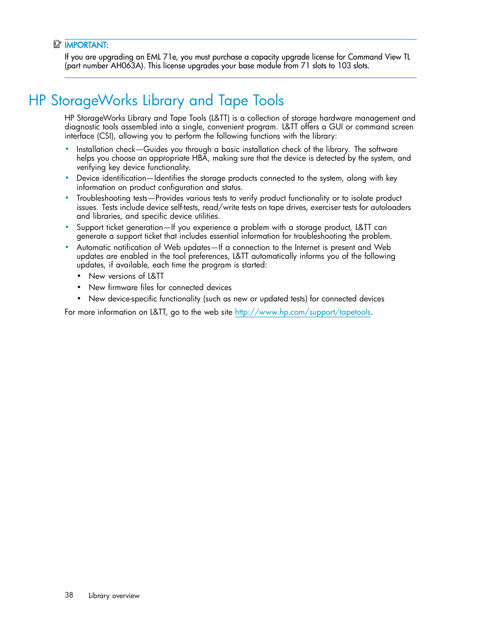 Hp storageworks library and tape tools | HP EML E-series Tape Libraries User Manual | Page 38 / 136