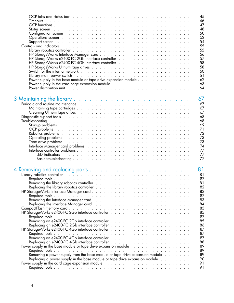 3 maintaining the library, 4 removing and replacing parts | HP EML E-series Tape Libraries User Manual | Page 4 / 136