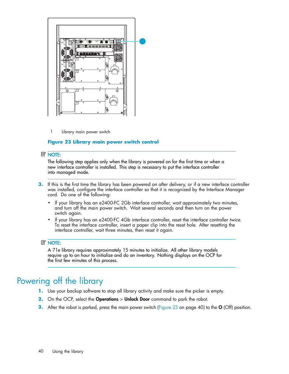 Powering off the library, 23 library main power switch control | HP EML E-series Tape Libraries User Manual | Page 40 / 136