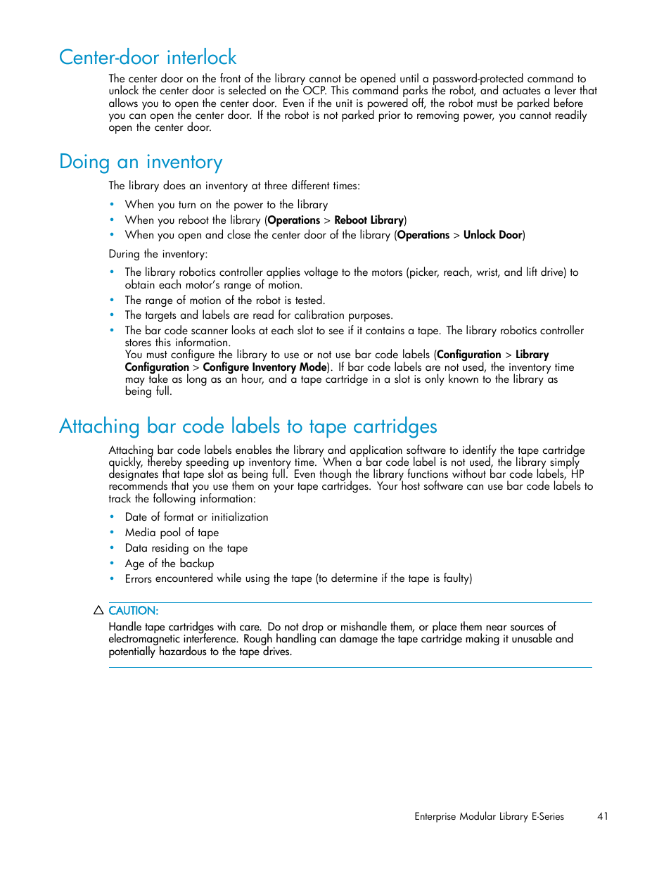 Center-door interlock, Doing an inventory, Attaching bar code labels to tape cartridges | HP EML E-series Tape Libraries User Manual | Page 41 / 136