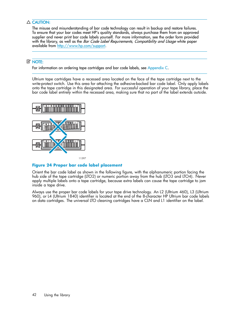 24 proper bar code label placement | HP EML E-series Tape Libraries User Manual | Page 42 / 136