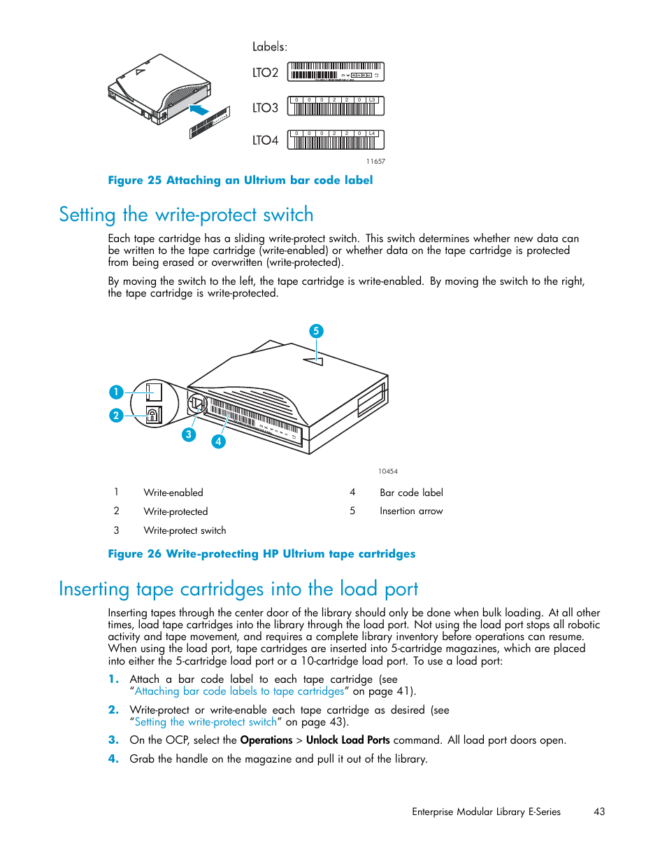 Setting the write-protect switch, Inserting tape cartridges into the load port, 25 attaching an ultrium bar code label | 26 write-protecting hp ultrium tape cartridges | HP EML E-series Tape Libraries User Manual | Page 43 / 136