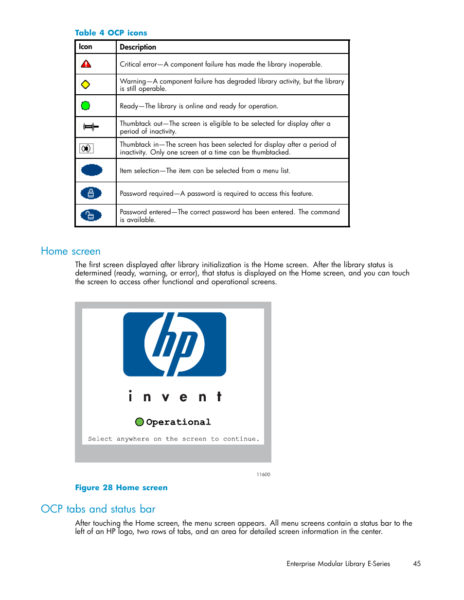 Home screen, Ocp tabs and status bar, 28 home screen | 4 ocp icons | HP EML E-series Tape Libraries User Manual | Page 45 / 136
