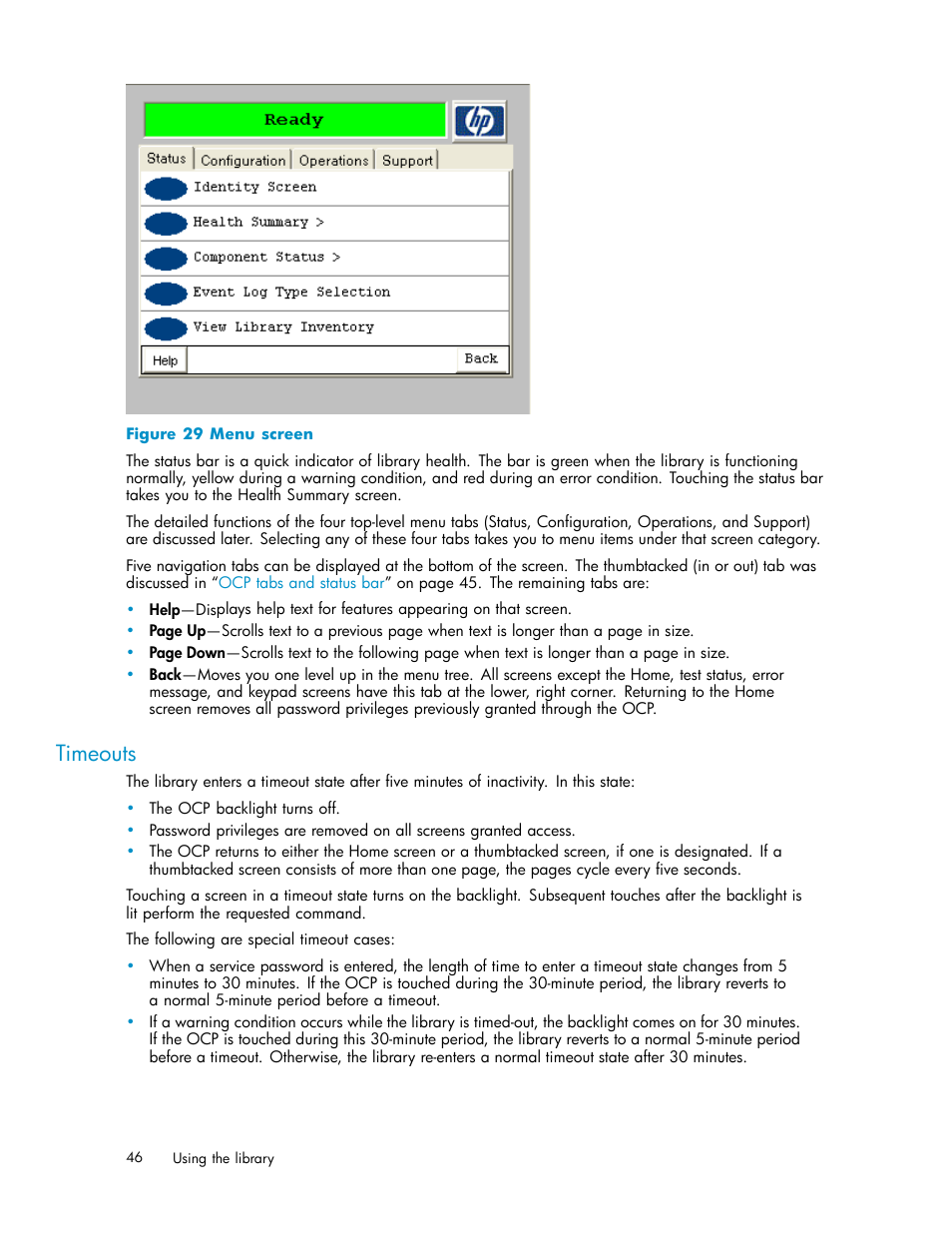 Timeouts, 29 menu screen | HP EML E-series Tape Libraries User Manual | Page 46 / 136