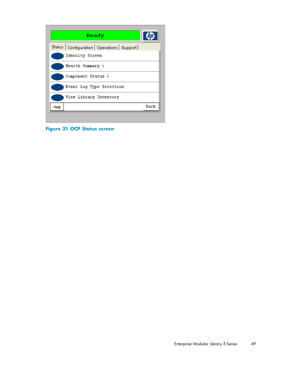 31 ocp status screen | HP EML E-series Tape Libraries User Manual | Page 49 / 136