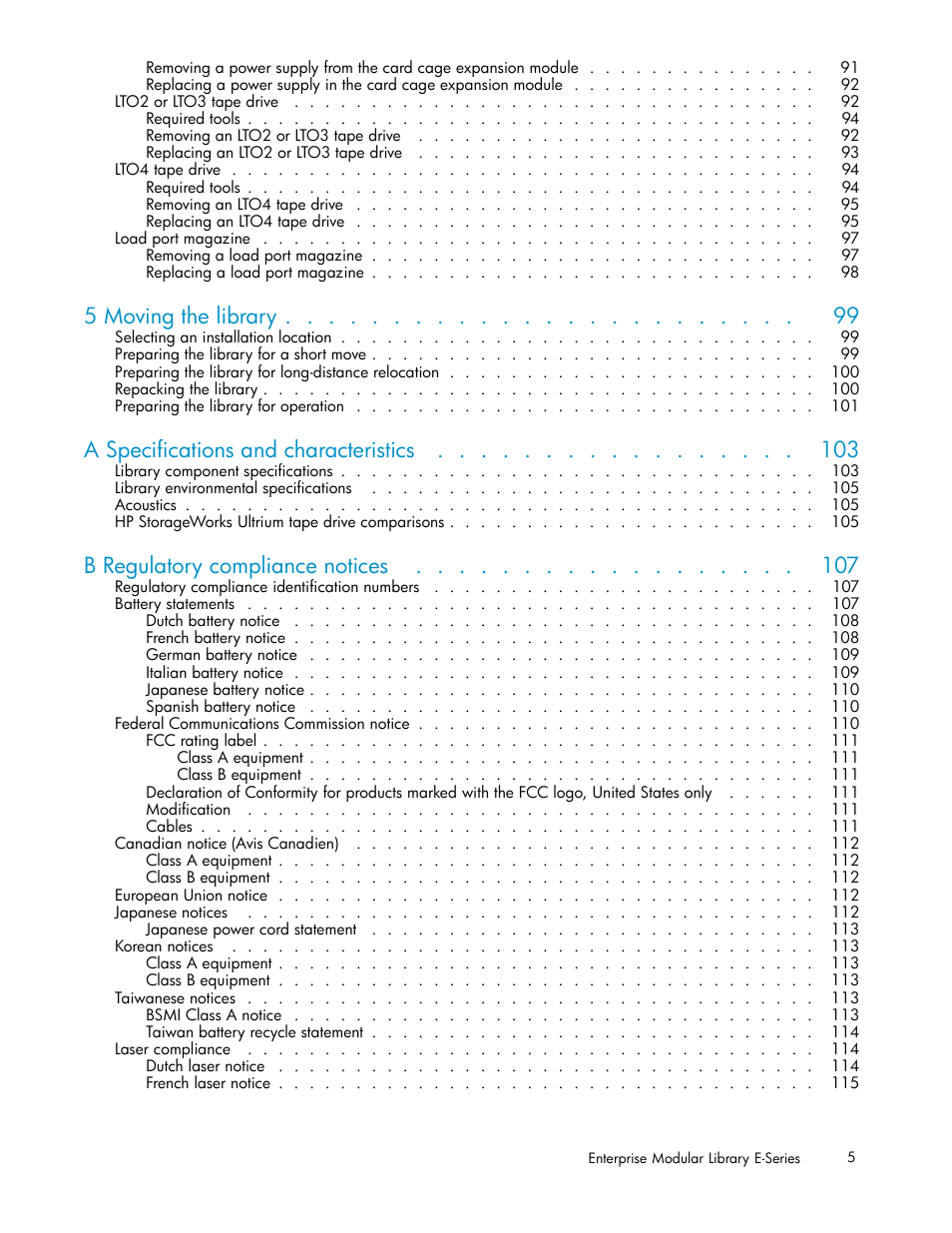 5 moving the library, A specifications and characteristics, B regulatory compliance notices | HP EML E-series Tape Libraries User Manual | Page 5 / 136