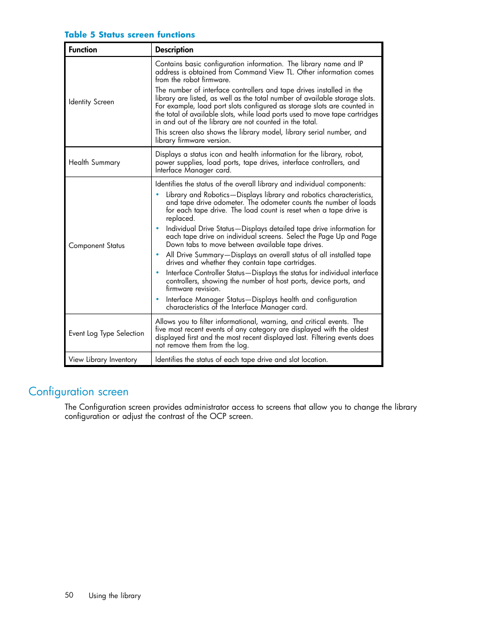 Configuration screen, 5 status screen functions | HP EML E-series Tape Libraries User Manual | Page 50 / 136