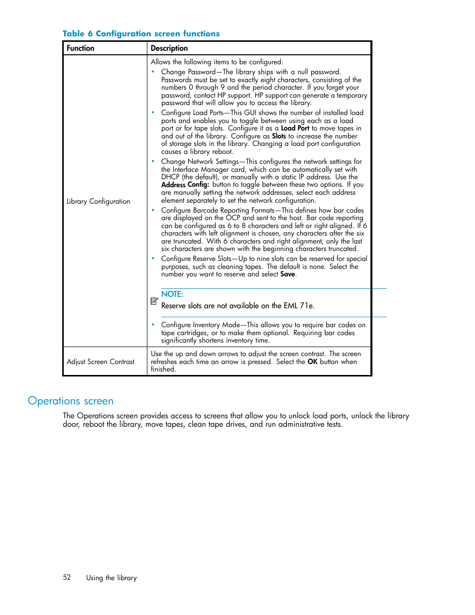 Operations screen, 6 configuration screen functions | HP EML E-series Tape Libraries User Manual | Page 52 / 136