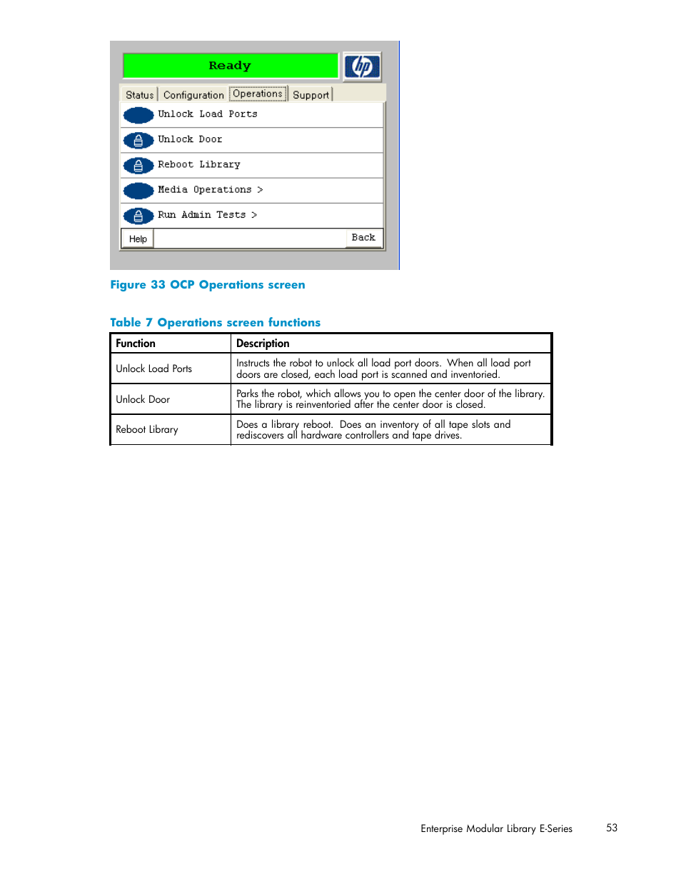 33 ocp operations screen, 7 operations screen functions | HP EML E-series Tape Libraries User Manual | Page 53 / 136